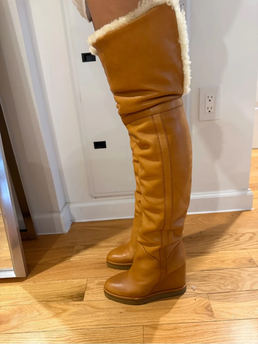 Celine Tan Leather Over-the-Knee Boots with Cream Shearling Cuff. New